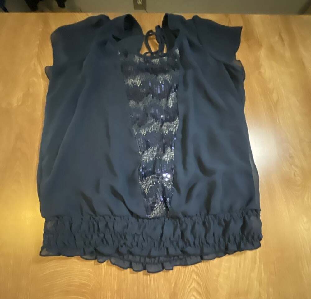 Studio Y Navy Blue Chiffon Blouse with Sequin Embellished Front and Banded Hem
